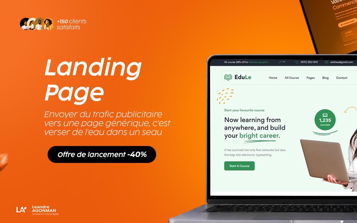 Landing page publicitaire affichée sur écran d'ordinateur