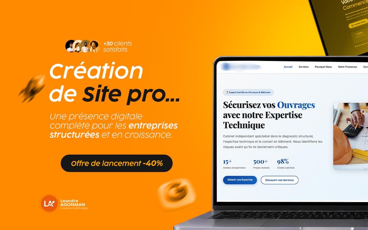 Site web professionnel avec plusieurs sections affiché sur écran