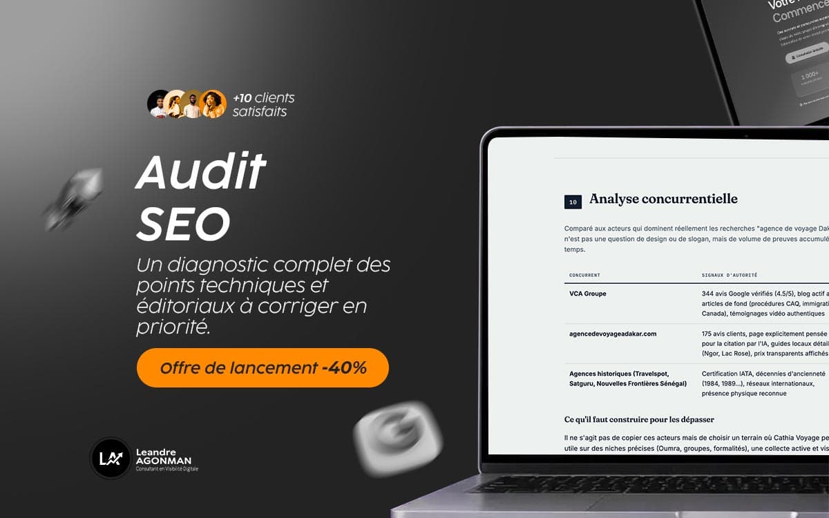 Rapport d'audit SEO affiché sur écran d'ordinateur
